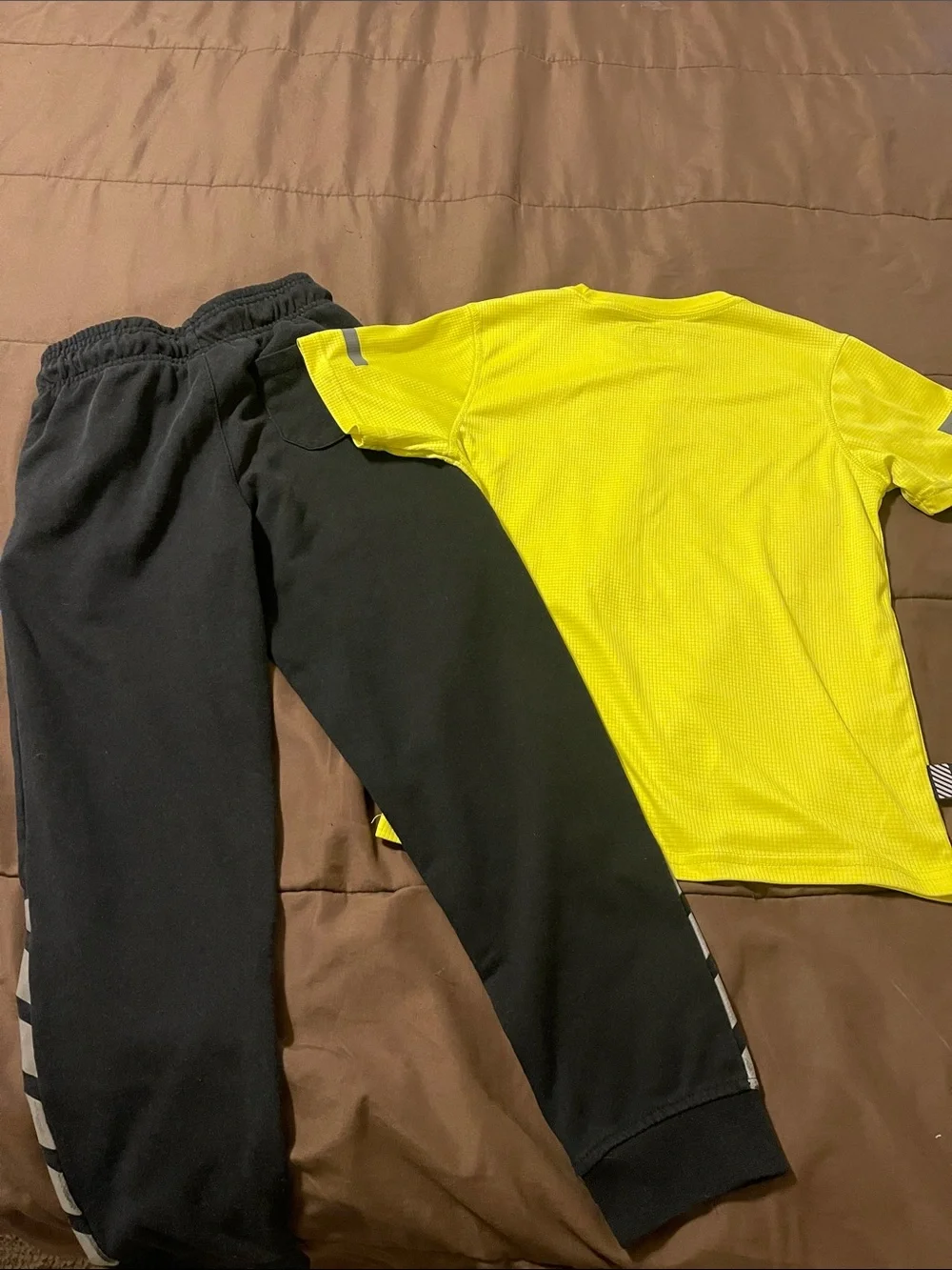 NBA Short sleeve yellow sleek shirt, size medium, NBA black joggers size small.